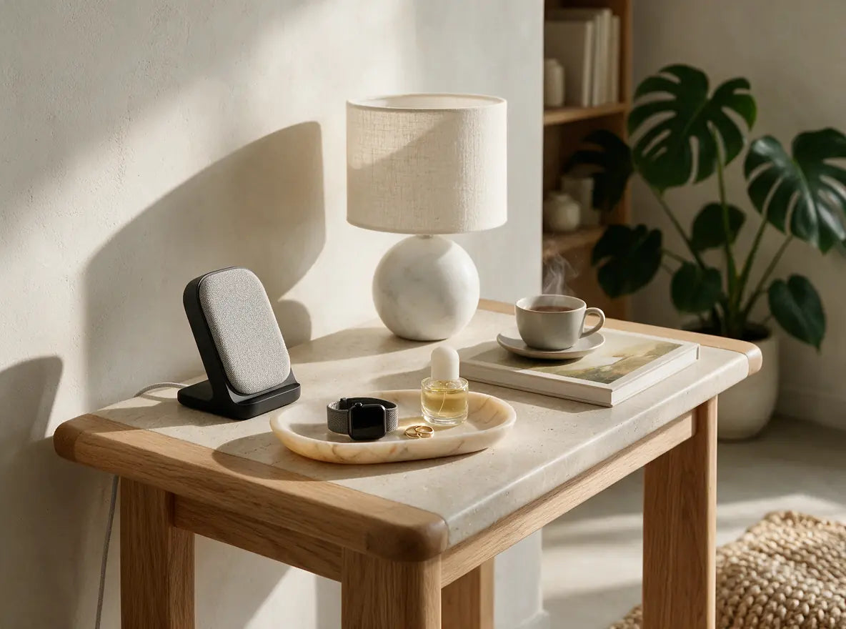 Curated modern home essentials arranged on a warm wood and stone console