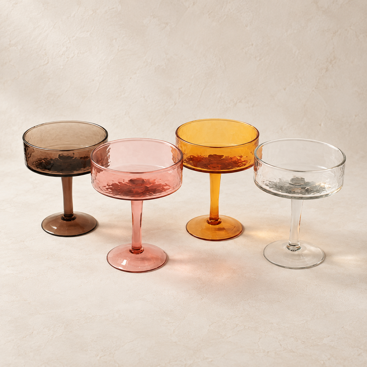 Handblown Hammered Coupe Glasses — Set of 2 — studio view