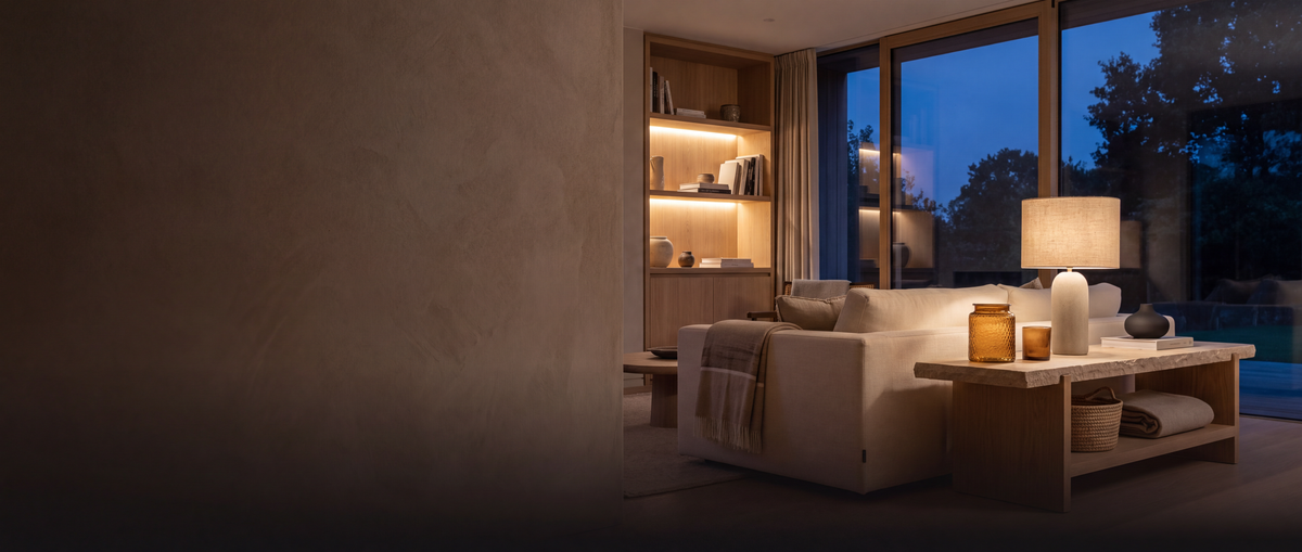 A quiet contemporary living room illuminated by warm evening light at blue hour