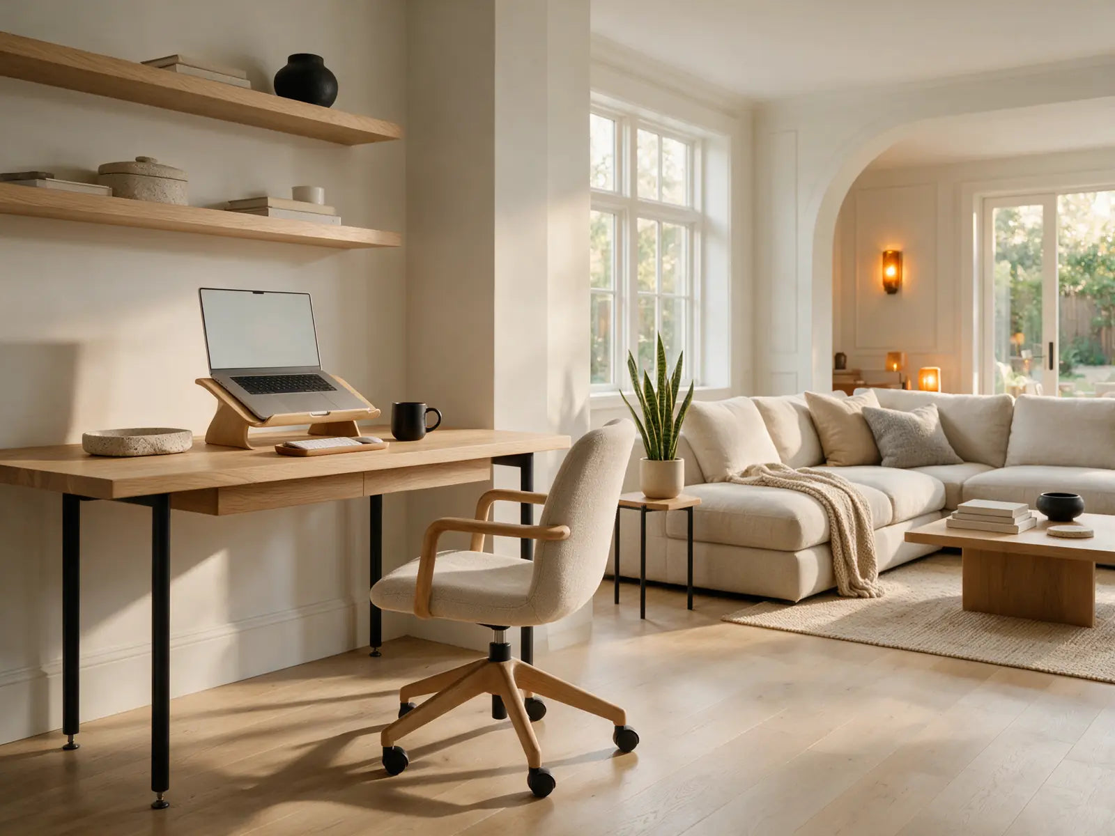 A warm modern home office connected to a calm living space
